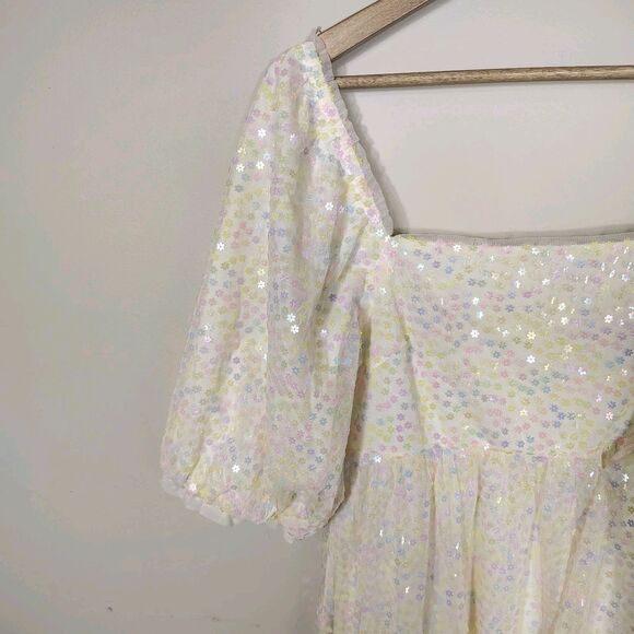 Iridescent Sequin Puff Sleeve Square Neck Party Dress Fairycore Cottagecore M - Picture 6 of 9